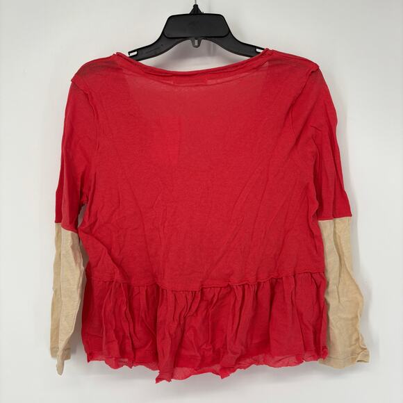 Free People Women's 3/4 Blouse Heart of Mine Cotton Flounce-Hem Colorblock Red M - Picture 5 of 7
